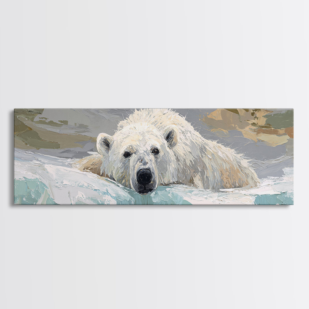 Polar Bear Crossing Blue Ice Canvas Print, Wildlife Art, Luxury Decor, Living Room Decor, Abstract Art, Wild, Oil Painting, WIL-3x1-31
