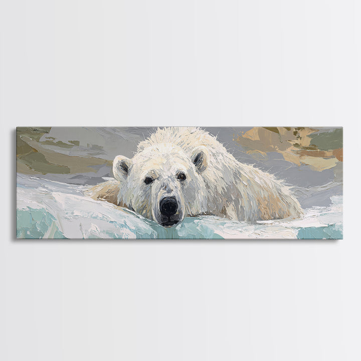 Polar Bear Crossing Blue Ice Canvas Print, Wildlife Art, Luxury Decor, Living Room Decor, Abstract Art, Wild, Oil Painting, WIL-3x1-31