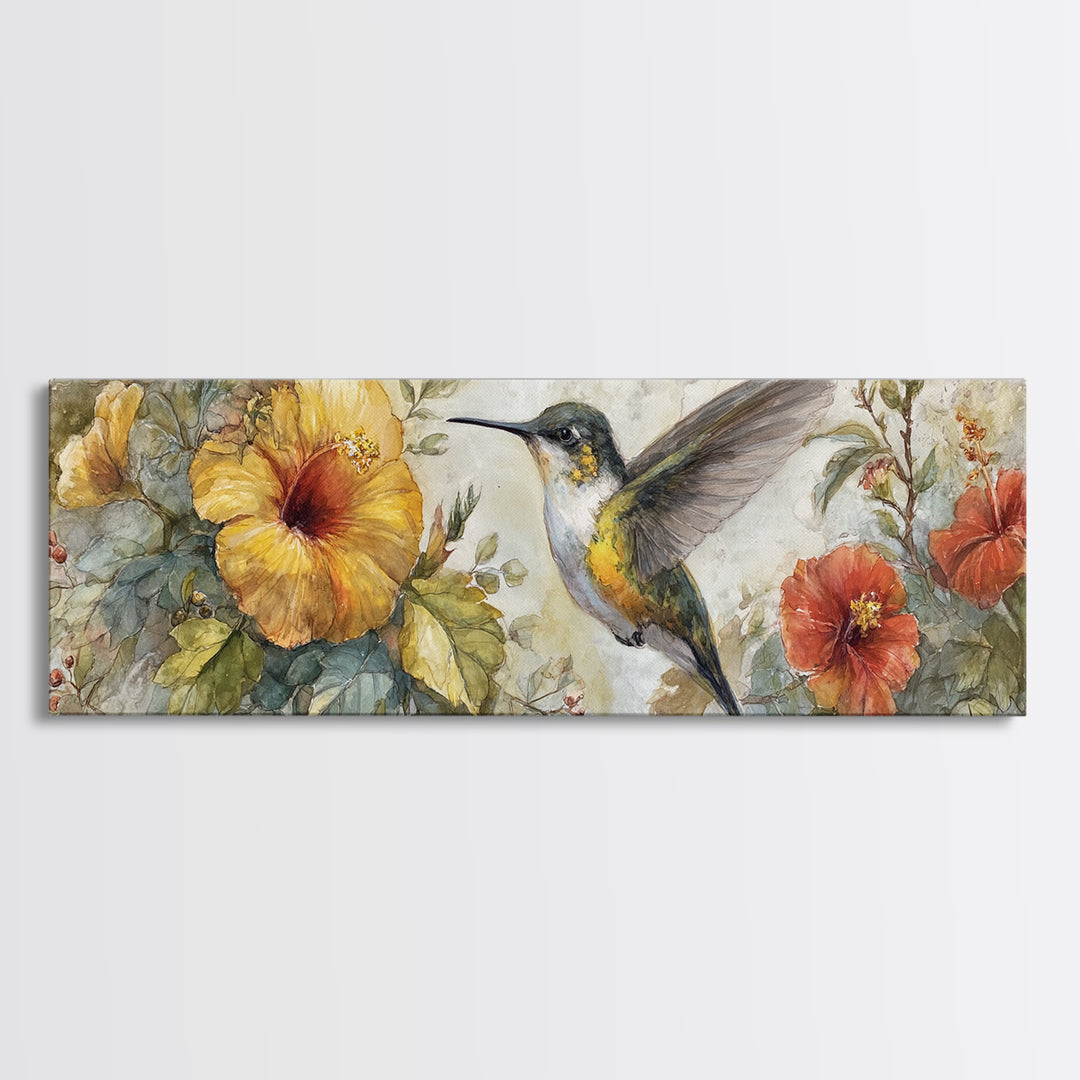 Hummingbird Beside Bright Flowers Framed Canvas Print, Wildlife Art, Unique Home Decor, Living Room Decor, Fine Art, Wild, WIL-3x1-32