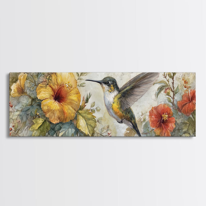 Hummingbird Beside Bright Flowers Framed Canvas Print, Wildlife Art, Unique Home Decor, Living Room Decor, Fine Art, Wild, WIL-3x1-32