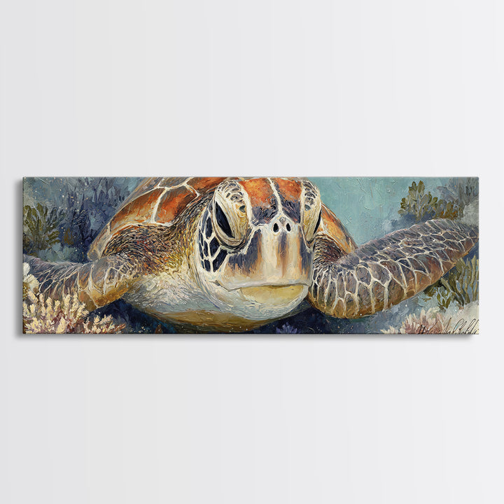 Sea Turtle over Coral Reef Canvas Print, Wildlife Art, Digital Wall Art, Living Room Decor, Abstract Art, Wild, Modern Art, WIL-3x1-34