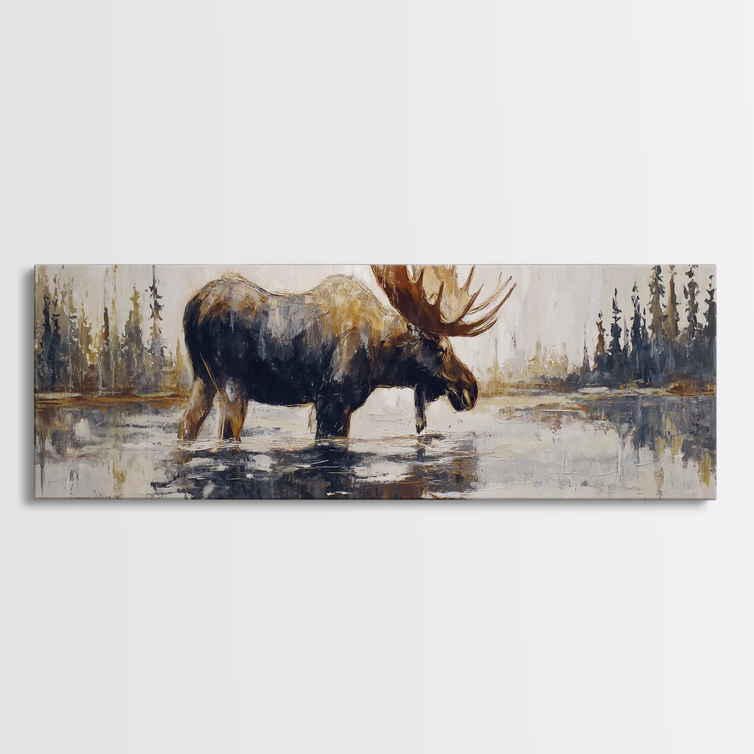 Moose Standing in Reflective Lake Canvas Print, Wildlife Art, Living Room Decor, Oil Painting, Wild, Digital Wall Art, WIL-3x1-35