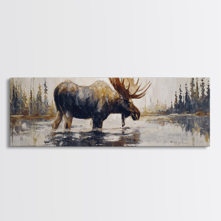 Moose Standing in Reflective Lake Canvas Print, Wildlife Art, Living Room Decor, Oil Painting, Wild, Digital Wall Art, WIL-3x1-35