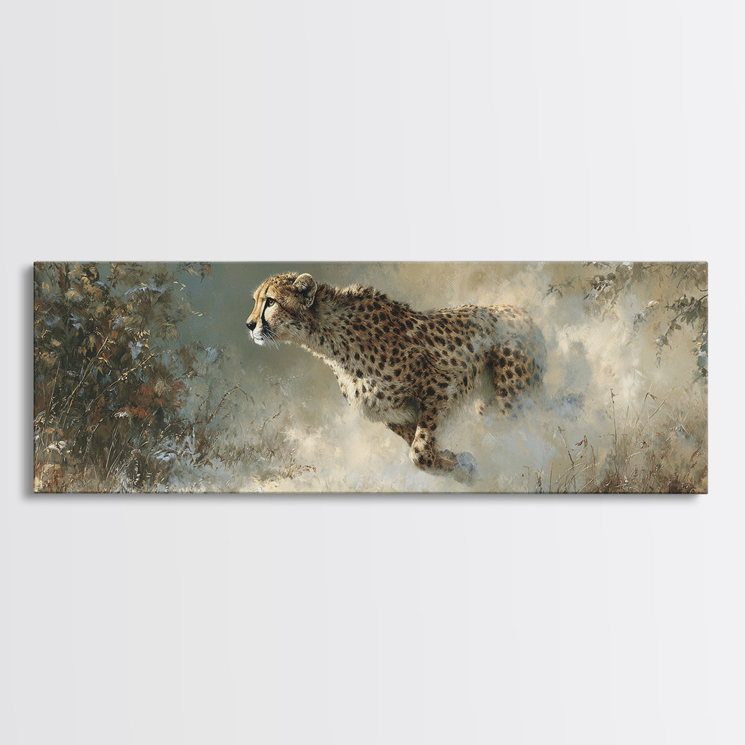 Cheetah Running Through Warm Dust Framed Canvas Print, Wildlife Art, Living Room Wall Art, Living Room Decor, Watercolor Art, WIL-3x1-37