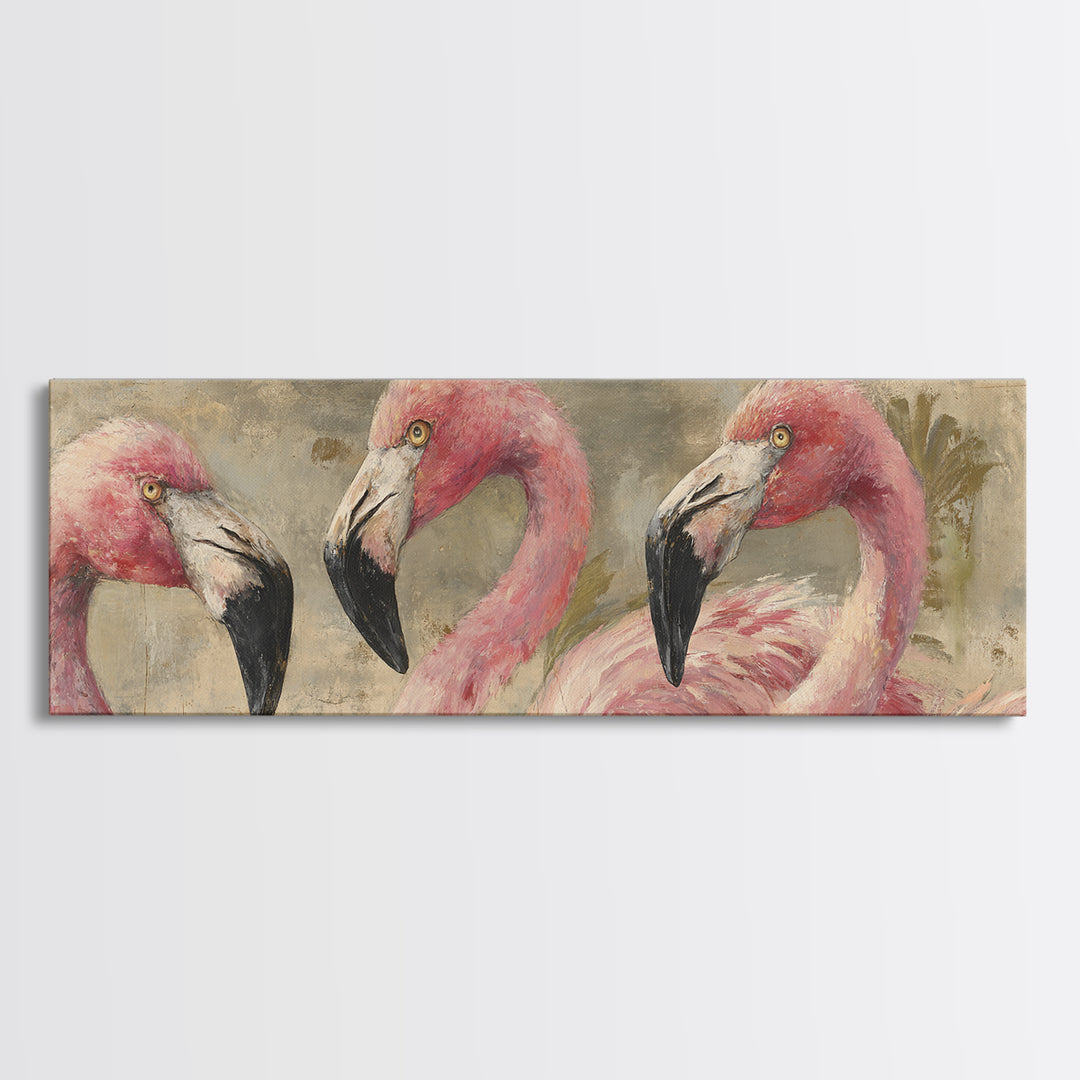 Flamingos in Pink Shallow Water Canvas Print, Wildlife Art, Large Wall Art, Living Room Decor, Fine Art, Wild, Landscape Art, WIL-3x1-38