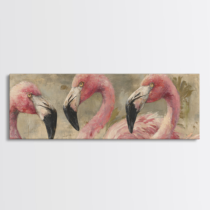 Flamingos in Pink Shallow Water Canvas Print, Wildlife Art, Large Wall Art, Living Room Decor, Fine Art, Wild, Landscape Art, WIL-3x1-38