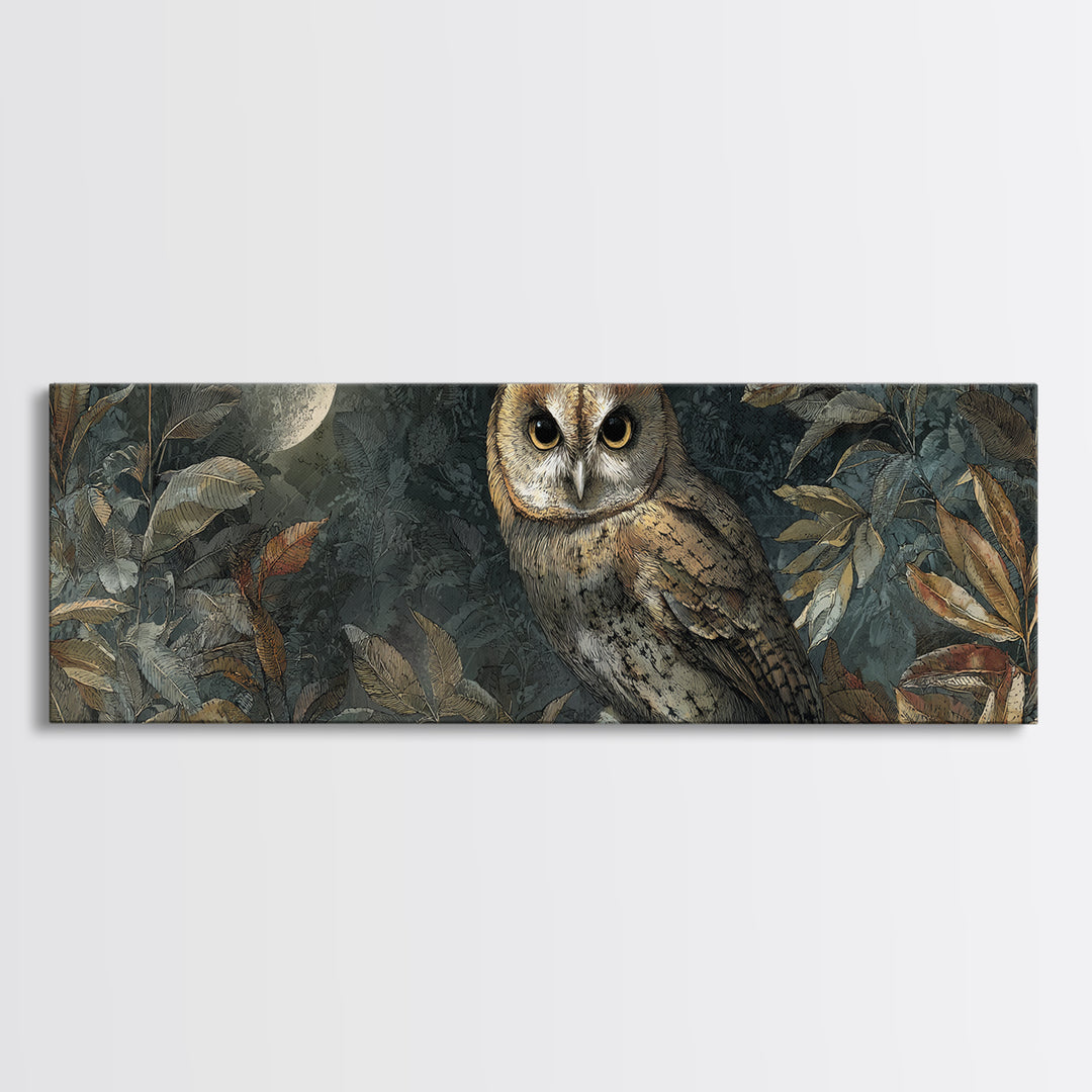 Owl Perched in Moonlit Woodland Canvas Print, Wildlife Art, Digital Download Art, Living Room Decor, Watercolor Art, Wild, WIL-3x1-4