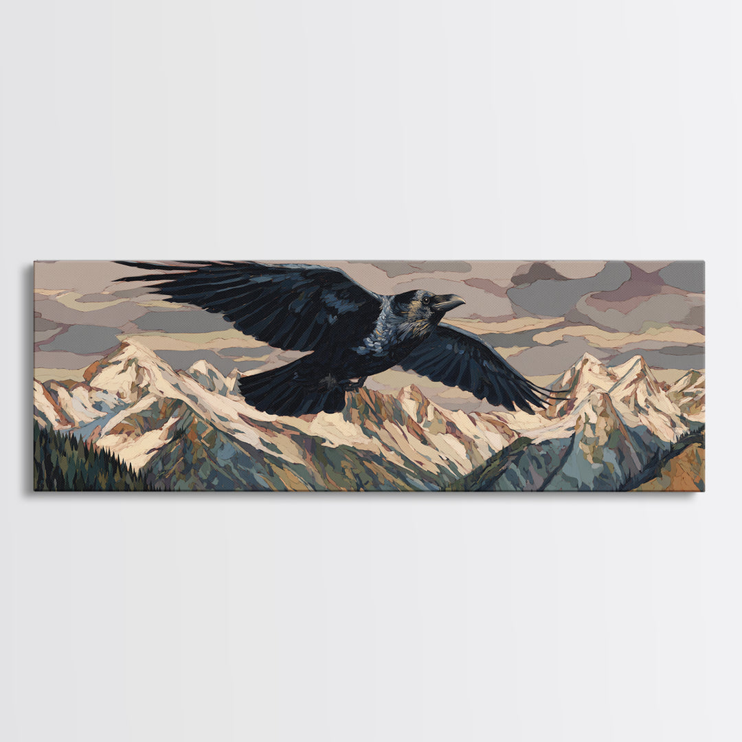 Raven Flying Through Snowy Mountains Canvas Print, Wildlife Art, Gallery Decor, Living Room Decor, Oil Painting, Wild, WIL-3x1-40
