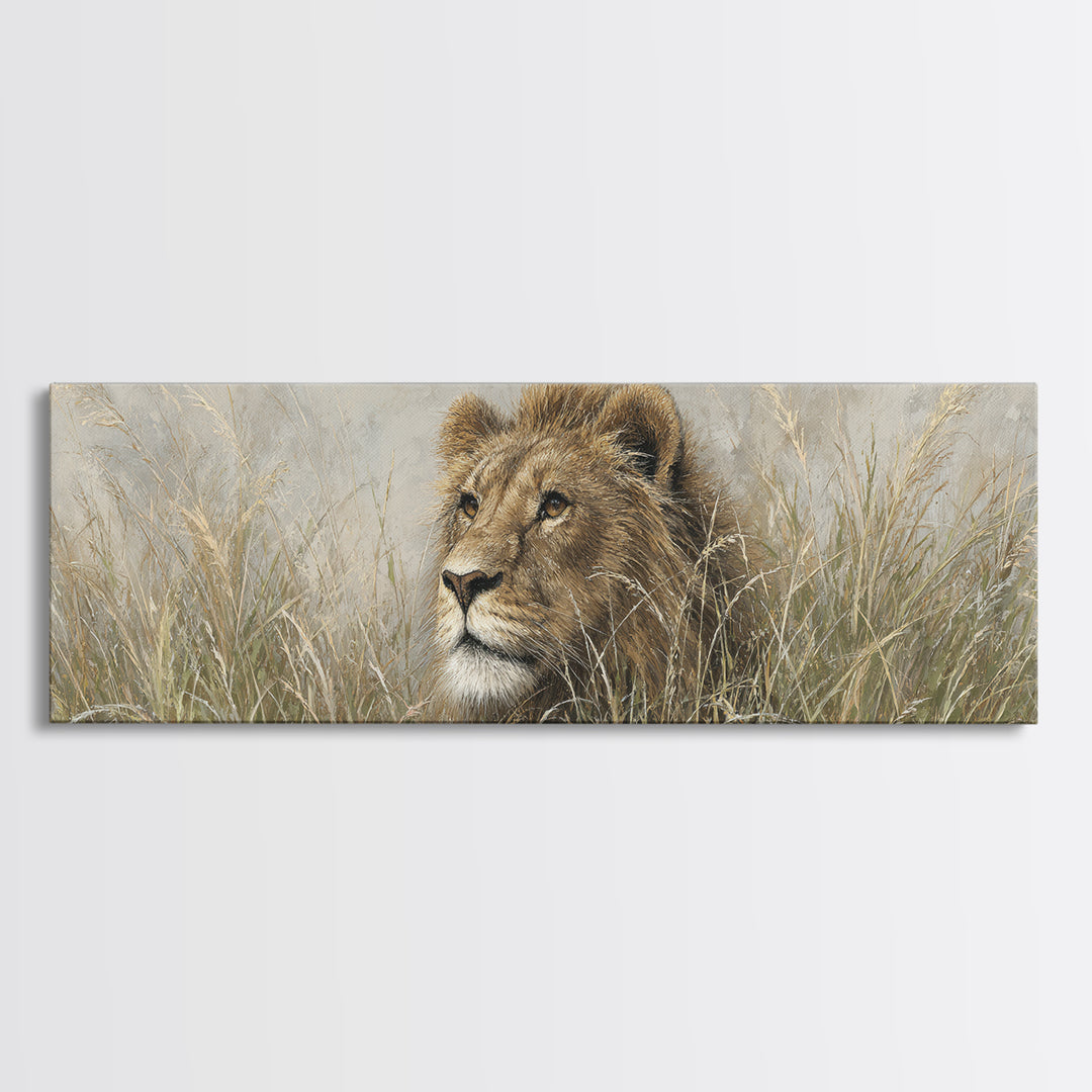 Lion Emerging from Golden Savanna Grass Canvas Print, Wildlife Art, Living Room Art, Living Room Decor, Watercolor Art, Wild, WIL-3x1-41
