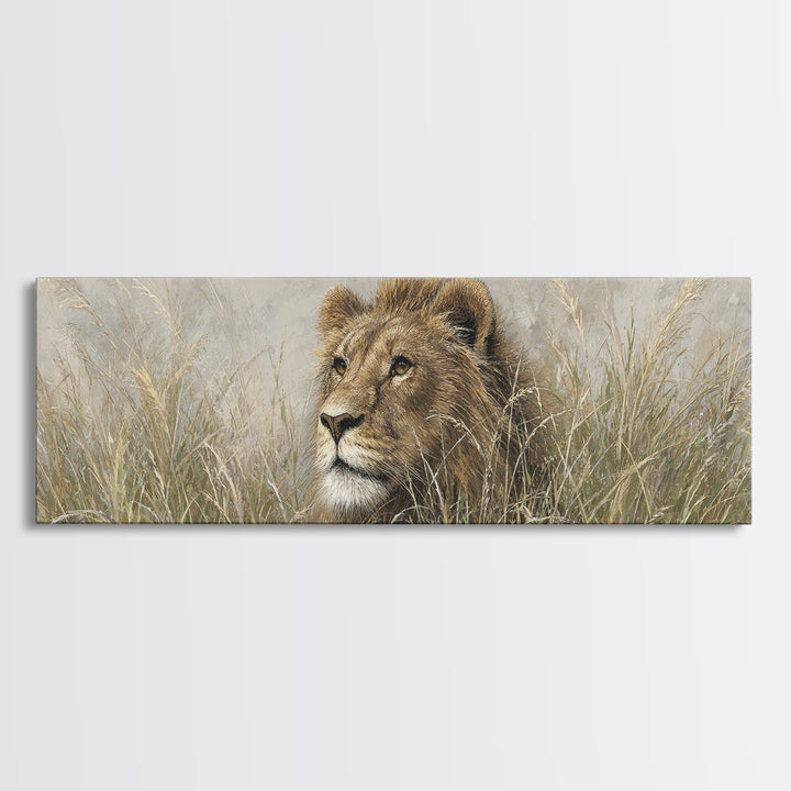 Lion Emerging from Golden Savanna Grass Canvas Print, Wildlife Art, Living Room Art, Living Room Decor, Watercolor Art, Wild, WIL-3x1-41