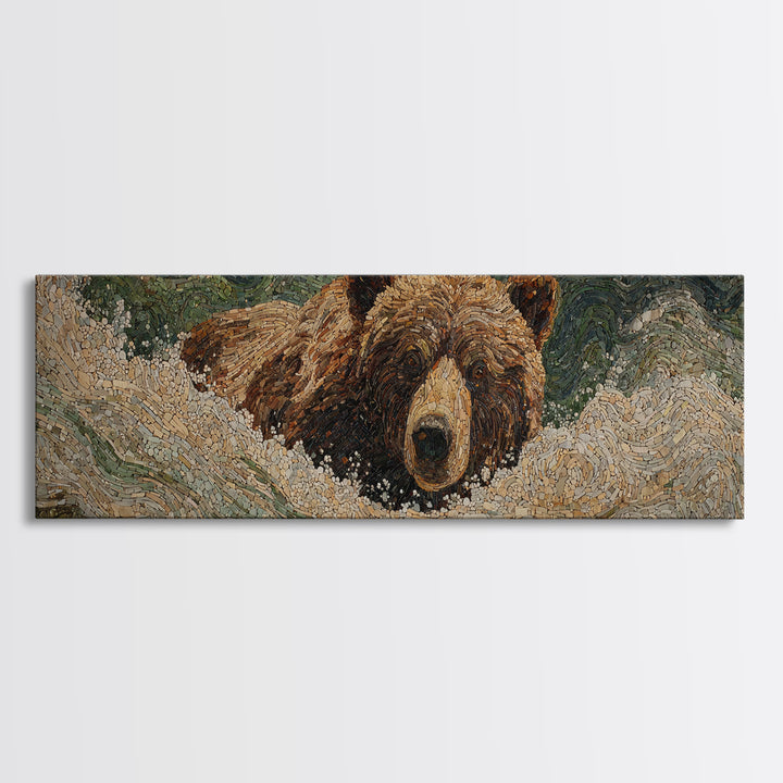 Bear Fishing in Rushing Mountain River Framed Canvas Print, Wildlife Art, Neutral Decor, Living Room Decor, Fine Art, Wild, WIL-3x1-44