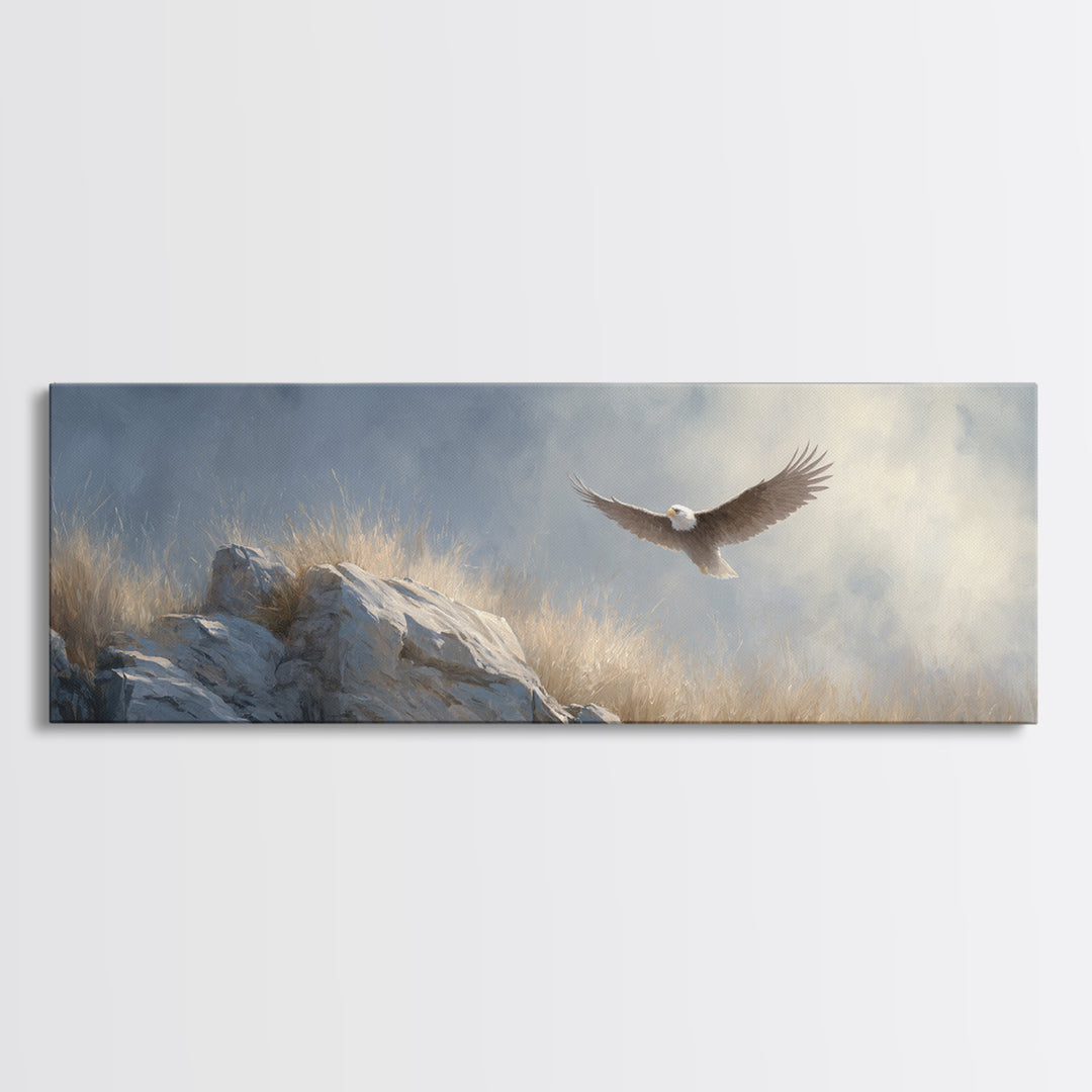 Eagle Soaring Above Rocky Cliffs Canvas Print, Wildlife Art, Canvas Print, Living Room Decor, Fine Art, Wild, Forest Wall Art, WIL-3x1-46