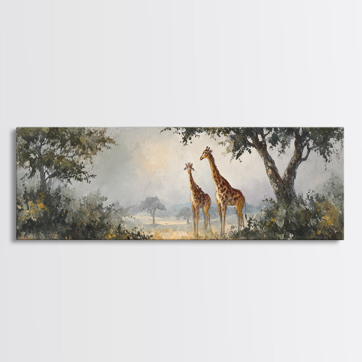 Giraffe Pair under Acacia Tree Framed Canvas Print, Wildlife Art, Wall Decor, Living Room Decor, Oil Painting, Wild, Bird Art, WIL-3x1-47