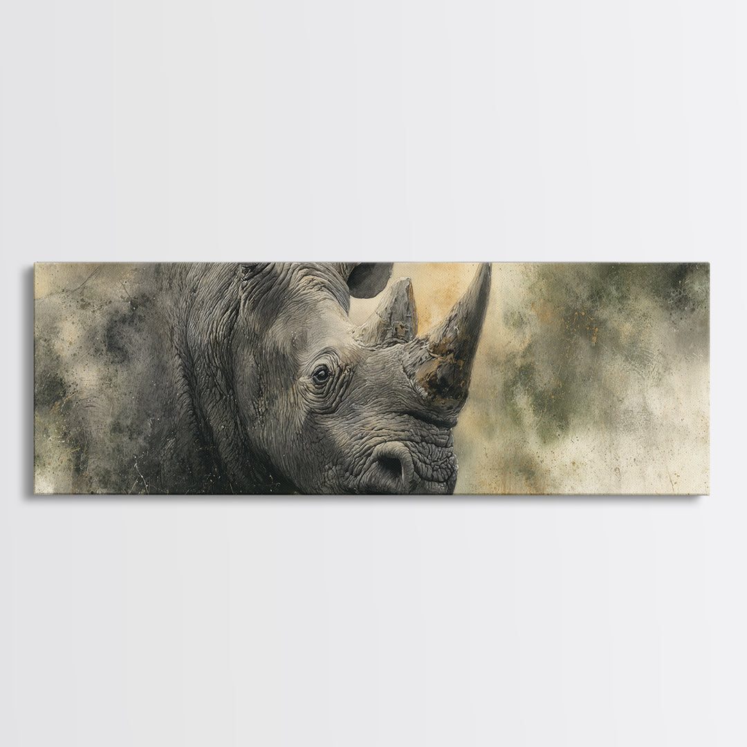 Rhino in Dramatic Stormy Light Canvas Print, Wildlife Art, Art Print, Living Room Decor, Fine Art, Wild, Digital Wall Art, WIL-3x1-48