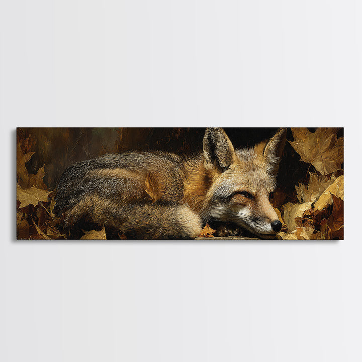 Fox in Autumn Forest Leaves Canvas Print, Wildlife Art, Modern Art, Living Room Decor, Fine Art, Wild, Neutral Decor, WIL-3x1-49