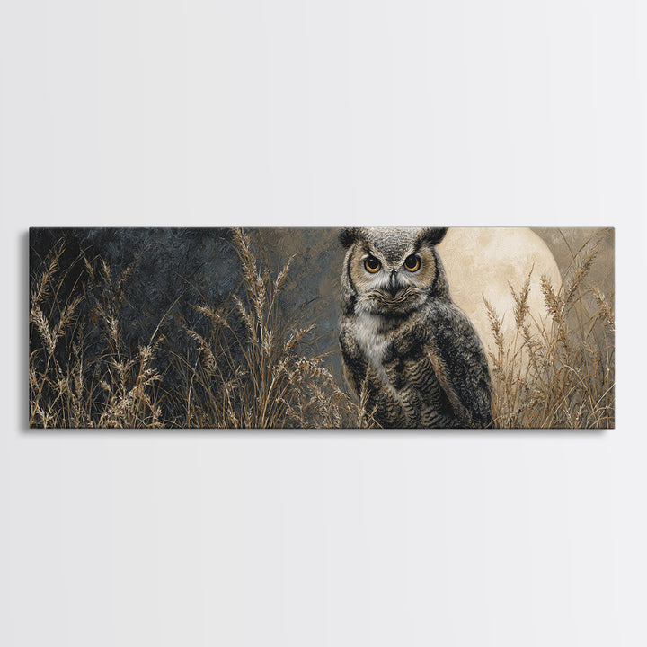 Owl Perched in Moonlit Woodland Framed Canvas Print, Wildlife Art, Room Decor, Living Room Decor, Abstract Art, Wild, WIL-3x1-52