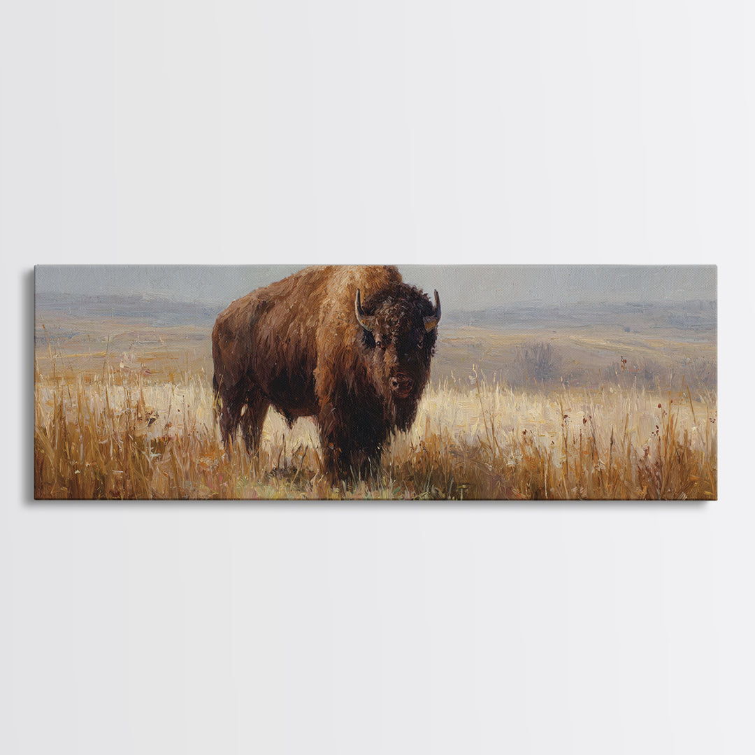 Bison on Wide Western Prairie Framed Canvas Print, Wildlife Art, Landscape Art, Living Room Decor, Fine Art, Wild, Modern Decor, WIL-3x1-53