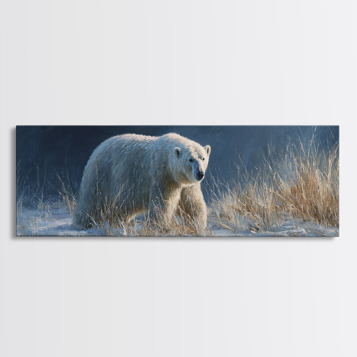 Polar Bear Crossing Blue Ice Framed Canvas Print, Wildlife Art, Contemporary Art, Living Room Decor, Wild, Wall Art Print, WIL-3x1-55