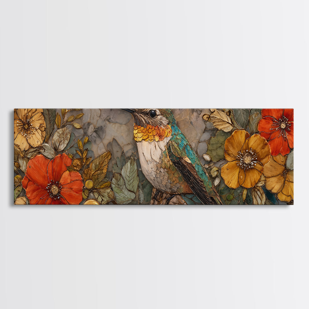 Hummingbird Beside Bright Flowers Framed Canvas Print, Wildlife Art, Textured Painting, Living Room Decor, Oil Painting, Wild, WIL-3x1-56