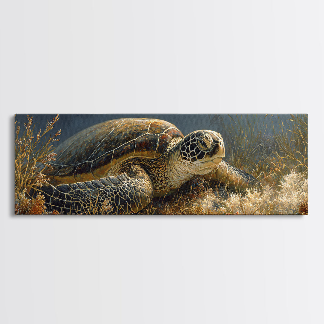 Sea Turtle over Coral Reef Framed Canvas Print, Wildlife Art, Modern Wall Art, Living Room Decor, Fine Art, Wild, Bird Wall Art, WIL-3x1-58