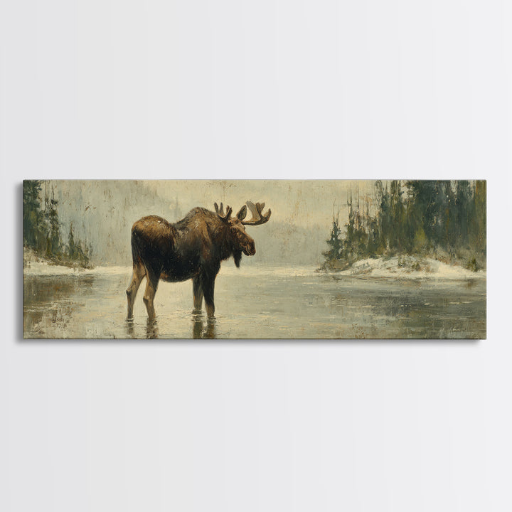 Moose Standing in Reflective Lake Framed Canvas Print, Wildlife Art, Wall Art, Living Room Decor, Wild, Modern Wall Art, WIL-3x1-59