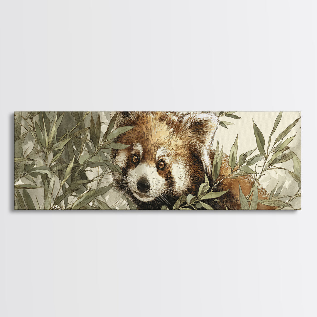 Red Panda Among Bamboo Leaves Framed Canvas Print, Wildlife Art, Boho Decor, Living Room Decor, Fine Art, Wild, Painting, WIL-3x1-60