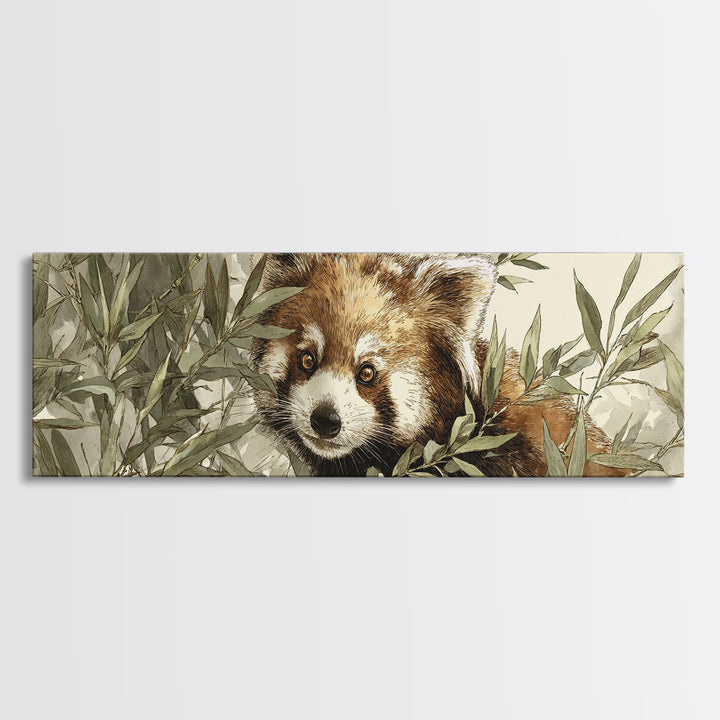Red Panda Among Bamboo Leaves Framed Canvas Print, Wildlife Art, Boho Decor, Living Room Decor, Fine Art, Wild, Painting, WIL-3x1-60