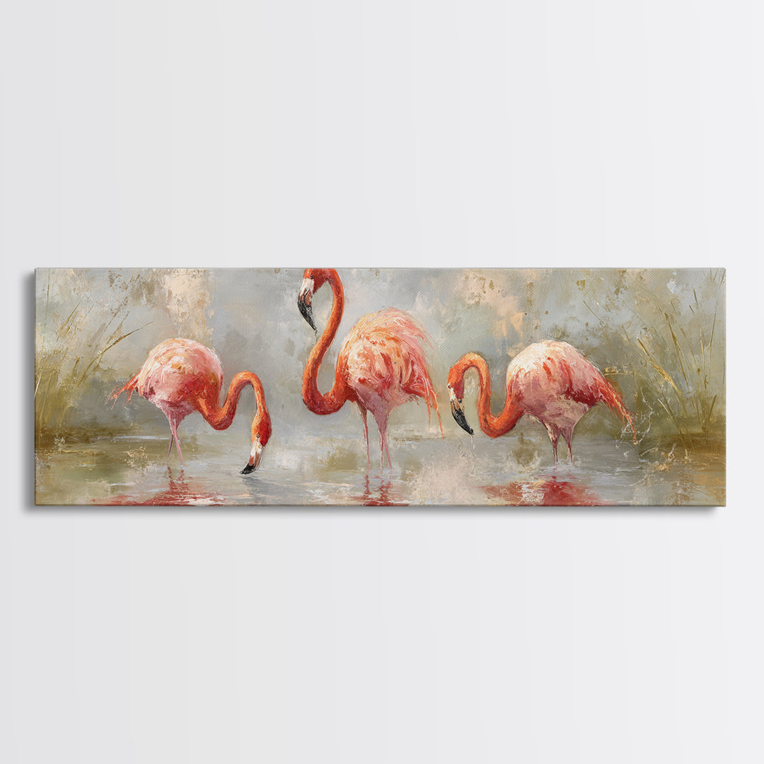 Flamingos in Pink Shallow Water Canvas Print, Wildlife Art, Gallery Decor, Living Room Decor, Oil Painting, Wild, WIL-3x1-62