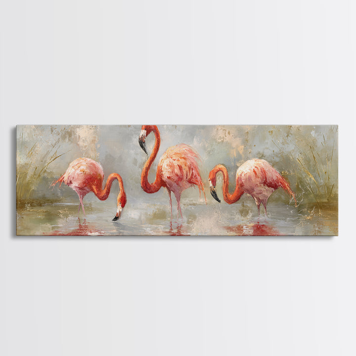 Flamingos in Pink Shallow Water Canvas Print, Wildlife Art, Gallery Decor, Living Room Decor, Oil Painting, Wild, WIL-3x1-62