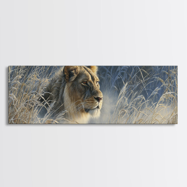 Lion Emerging from Golden Savanna Grass Canvas Print, Wildlife Art, Living Room Art, Living Room Decor, Watercolor Art, Wild, WIL-3x1-65