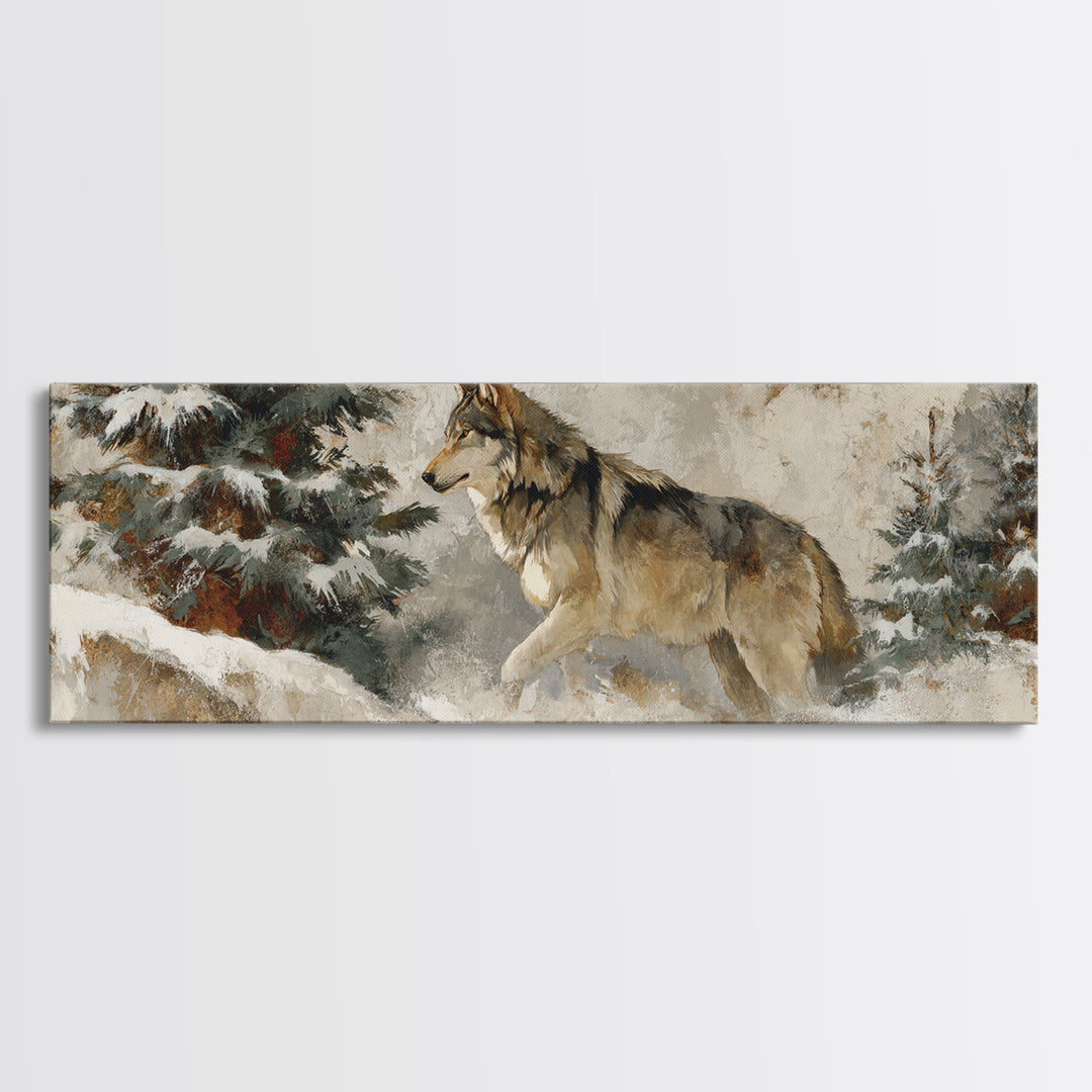 Wolf Standing Beneath Snowy Pine Trees Framed Canvas Print, Wildlife Art, Large Wall Art, Living Room Decor, Abstract Art, Wild, WIL-3x1-67