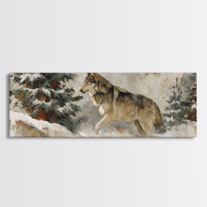 Wolf Standing Beneath Snowy Pine Trees Framed Canvas Print, Wildlife Art, Large Wall Art, Living Room Decor, Abstract Art, Wild, WIL-3x1-67
