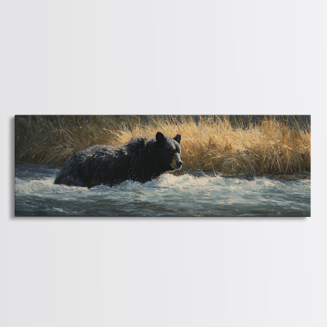 Bear Fishing in Rushing Mountain River Framed Canvas Print, Wildlife Art, Living Room Decor, Watercolor Art, Wild, WIL-3x1-68
