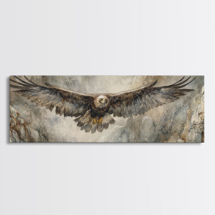 Eagle Soaring Above Rocky Cliffs Canvas Print, Wildlife Art, Art Print, Living Room Decor, Oil Painting, Wild, Digital Wall Art, WIL-3x1-70