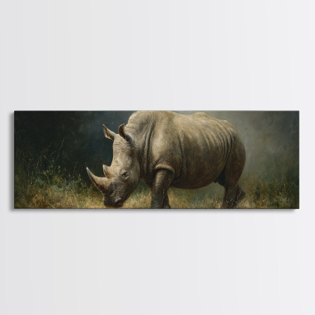 Rhino in Dramatic Stormy Light Framed Canvas Print, Wildlife Art, Wall Art, Living Room Decor, Fine Art, Wild, Modern Wall Art, WIL-3x1-72