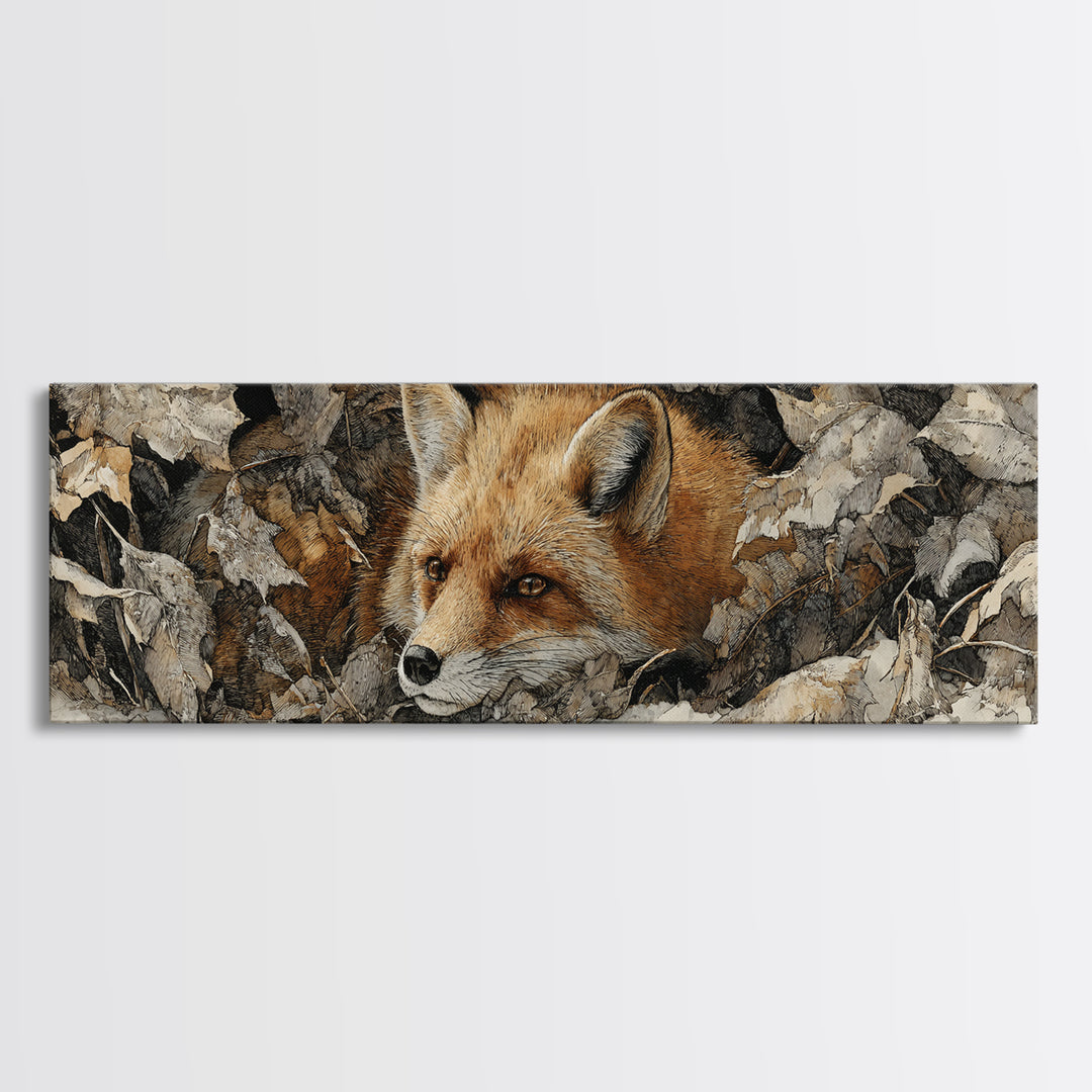 Fox in Autumn Forest Leaves Framed Canvas Print, Wildlife Art, Bird Wall Art, Living Room Decor, Oil Painting, Wild, WIL-3x1-73