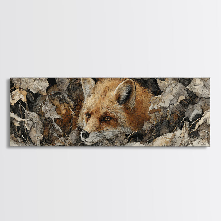 Fox in Autumn Forest Leaves Framed Canvas Print, Wildlife Art, Bird Wall Art, Living Room Decor, Oil Painting, Wild, WIL-3x1-73