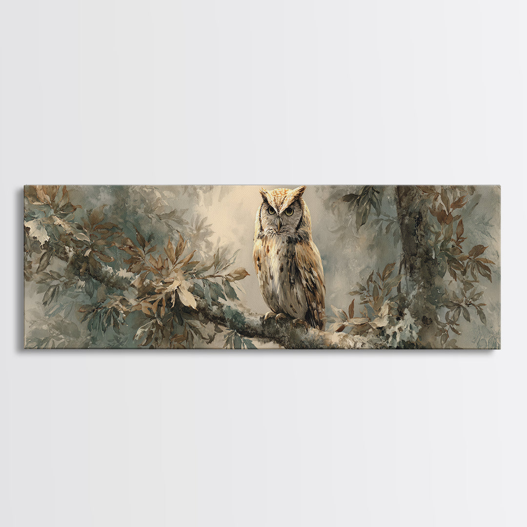 Owl Perched in Moonlit Woodland Canvas Print, Wildlife Art, Home Decor, Living Room Decor, Fine Art, Wild, Boho Wall Decor, WIL-3x1-76