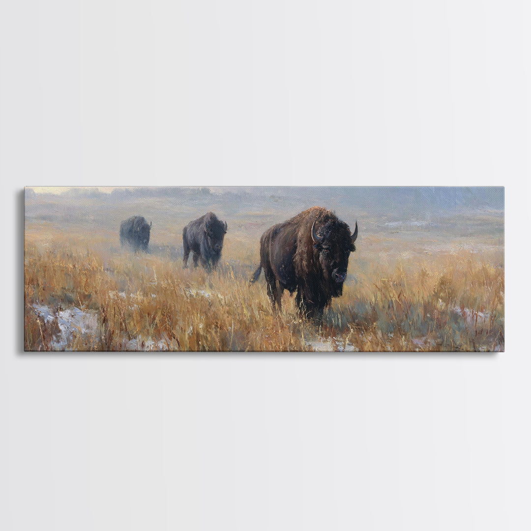 Bison on Wide Western Prairie Framed Canvas Print, Wildlife Art, Landscape Art, Living Room Decor, Fine Art, Wild, Modern Decor, WIL-3x1-77