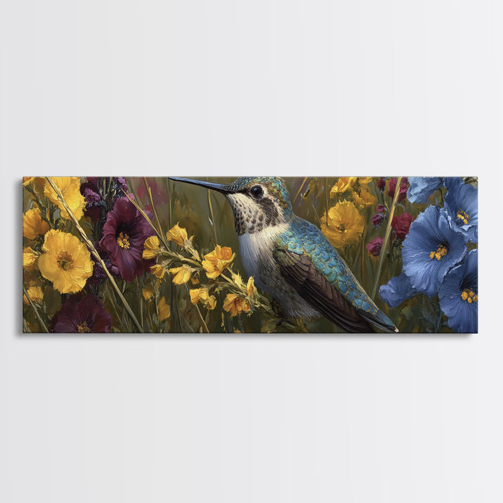 Hummingbird Beside Bright Flowers Canvas Print, Wildlife Art, Living Room Art, Living Room Decor, Watercolor Art, Wild, WIL-3x1-8