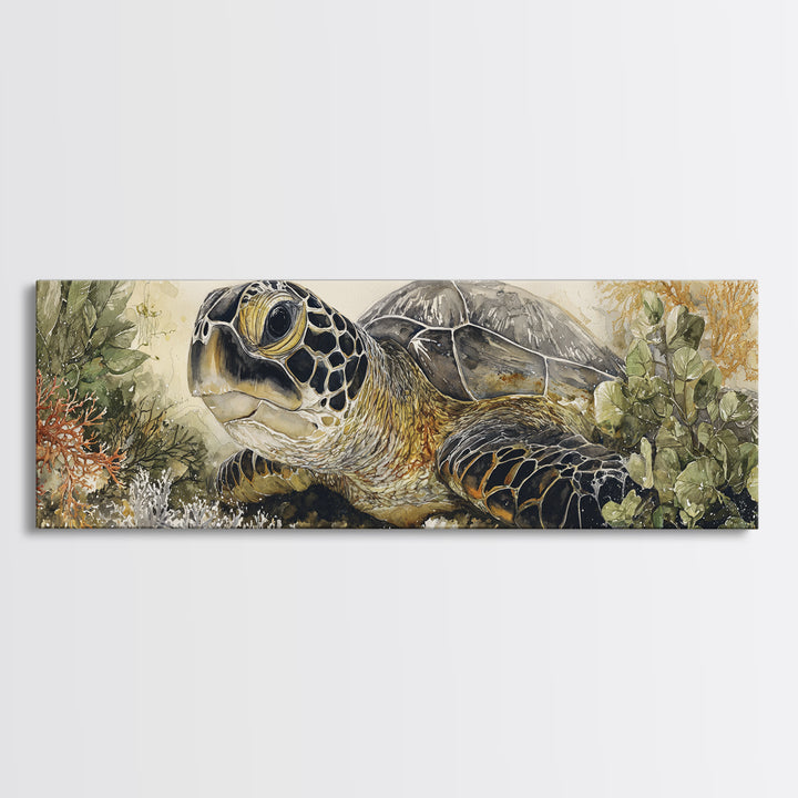 Sea Turtle over Coral Reef Framed Canvas Print, Wildlife Art, Modern Wall Art, Living Room Decor, Fine Art, Wild, Bird Wall Art, WIL-3x1-82
