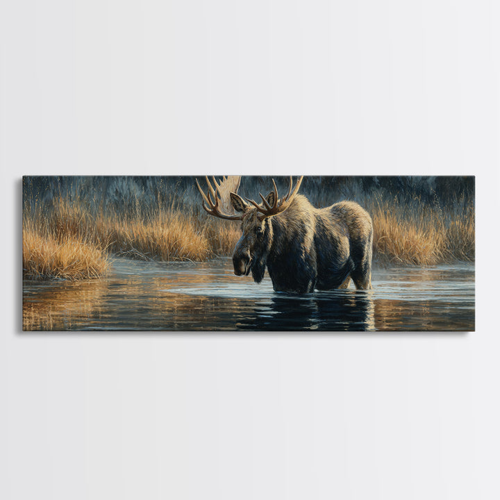 Moose Standing in Reflective Lake Canvas Print, Wildlife Art, Oil Painting, Living Room Decor, Fine Art, Wild, Bedroom Wall Art, WIL-3x1-83