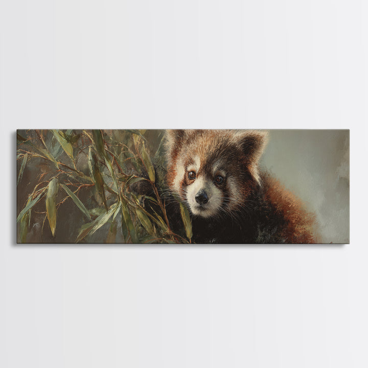 Red Panda Among Bamboo Leaves Framed Canvas Print, Wildlife Art, Wall Decor, Living Room Decor, Wild, Living Room Wall Art, WIL-3x1-84