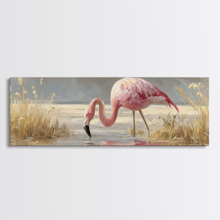 Flamingos in Pink Shallow Water Canvas Print, Wildlife Art, Canvas Wall Art, Living Room Decor, Watercolor Art, Wild, WIL-3x1-86