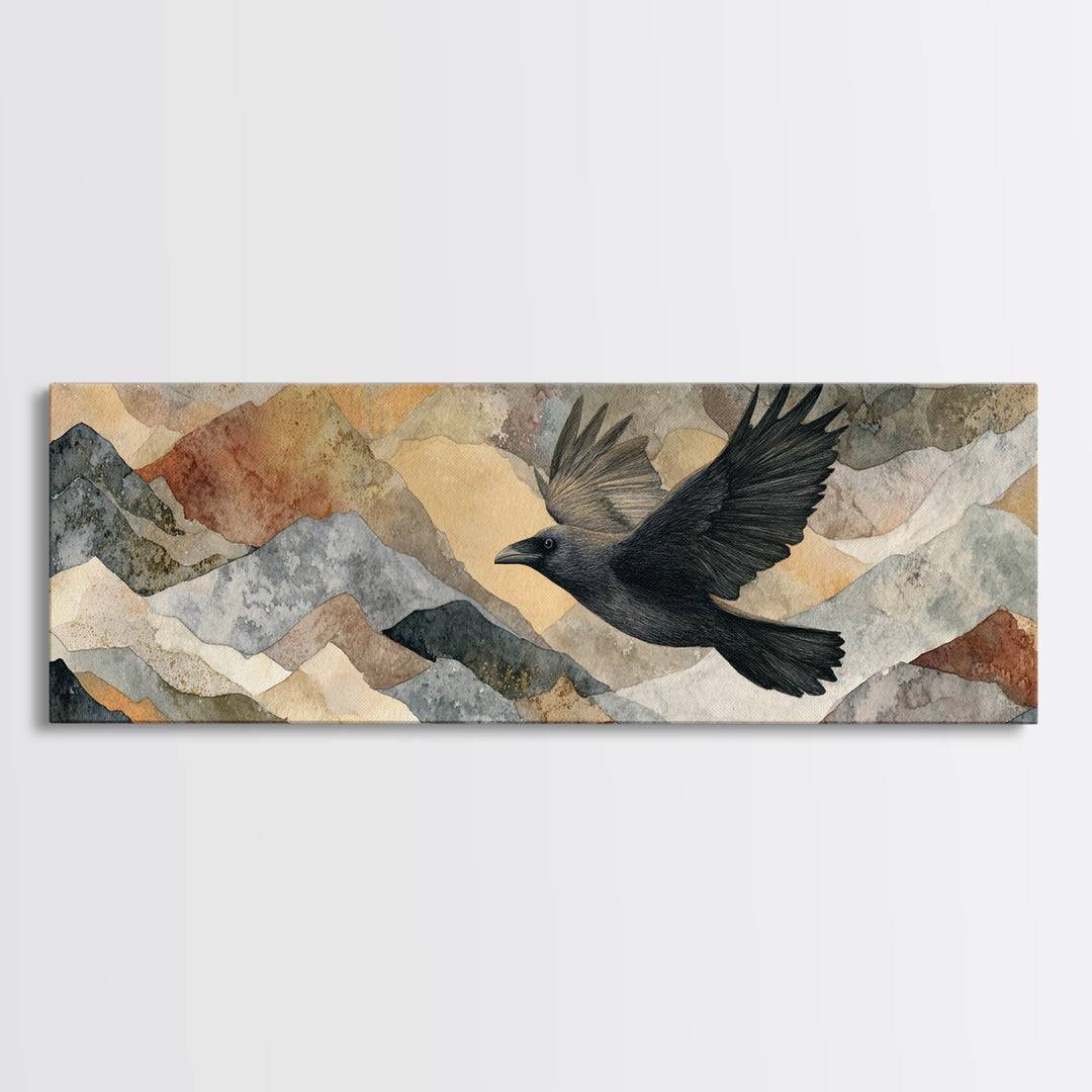Raven Flying Through Snowy Mountains Canvas Print, Wildlife Art, Minimalist Decor, Living Room Decor, Fine Art, Wild, WIL-3x1-88