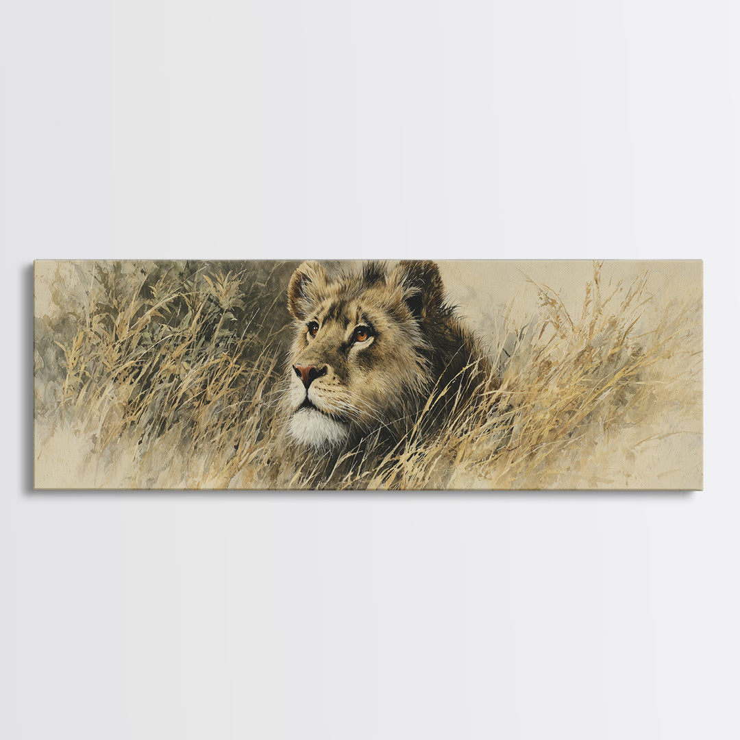 Lion Emerging from Golden Savanna Grass Framed Canvas Print, Wildlife Art, Unique Home Decor, Living Room Decor, Oil Painting, WIL-3x1-89