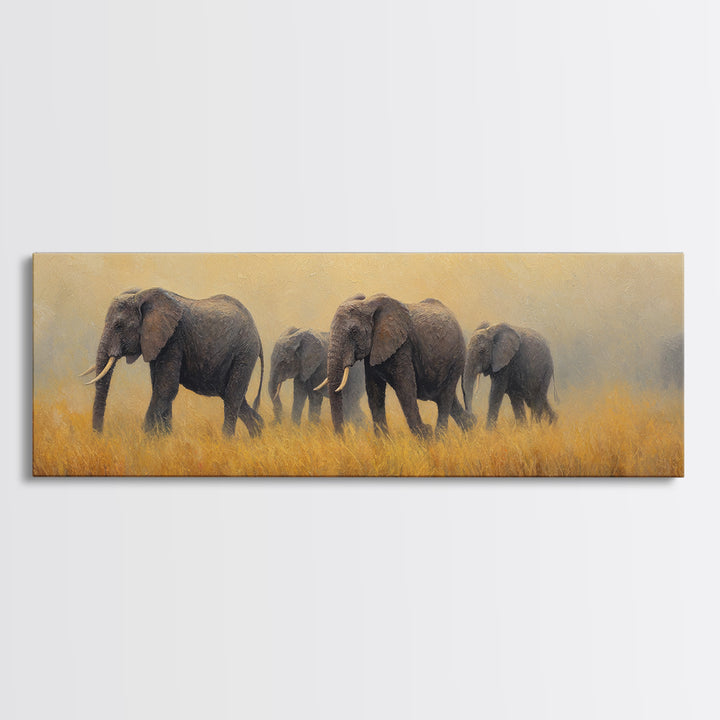 Elephant Herd Walking Through Dusty Sunset Framed Canvas Print, Wildlife Art, Landscape Art, Living Room Decor, Fine Art, Wild, WIL-3x1-90
