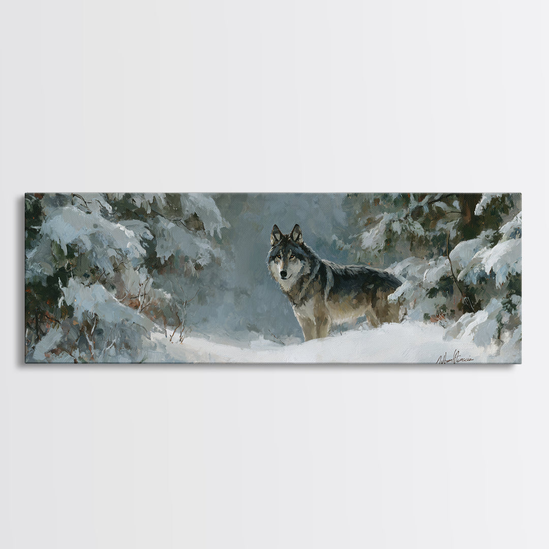 Wolf Standing Beneath Snowy Pine Trees Canvas Print, Wildlife Art, Room Decor, Living Room Decor, Fine Art, Wild, WIL-3x1-91