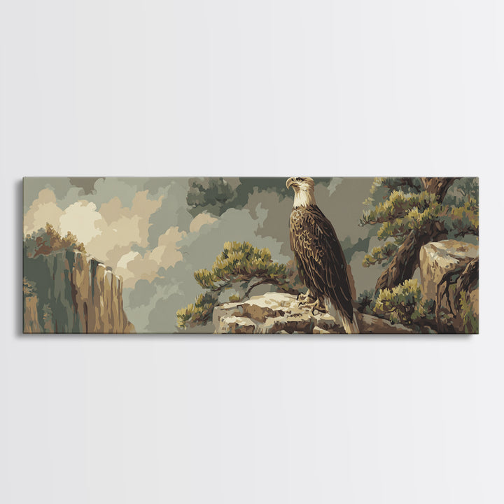 Eagle Soaring Above Rocky Cliffs Canvas Print, Wildlife Art, Bird Art, Living Room Decor, Watercolor Art, Wild, WIL-3x1-94