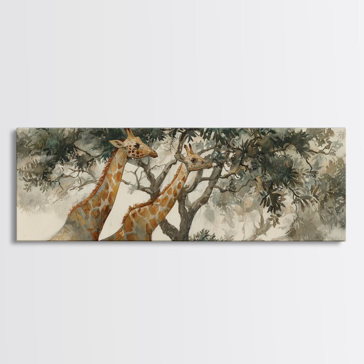 Giraffe Pair under Acacia Tree Canvas Print, Wildlife Art, Living Room Decor, Oil Painting, Wild, Original Art, WIL-3x1-95